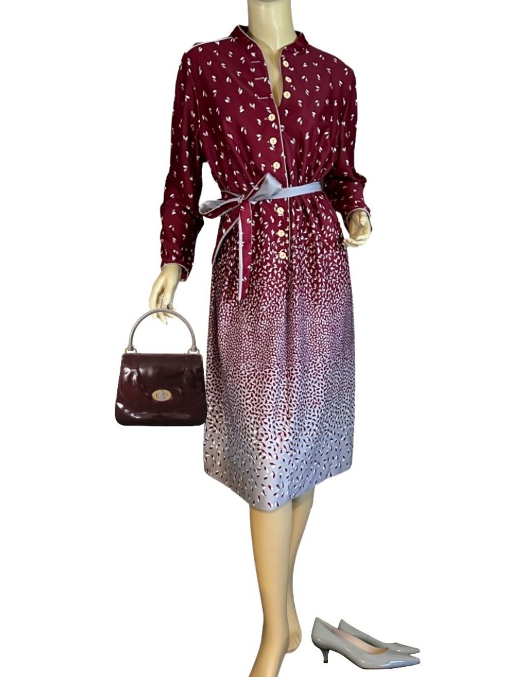 LORAC VINTAGE 1980'S BURGUNDY & GRAY LEAF PRINT SHIRT DRESS (XL)